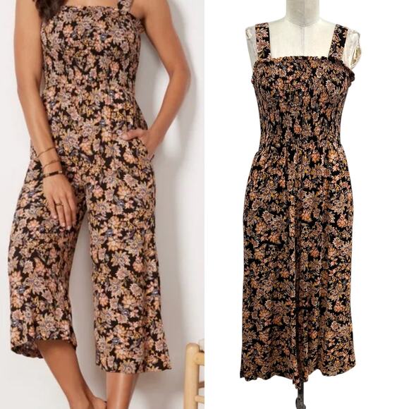 Evereve Maren Jumpsuit Smocked Wide Leg Sleeveless Print Brown Black‎ Size Large